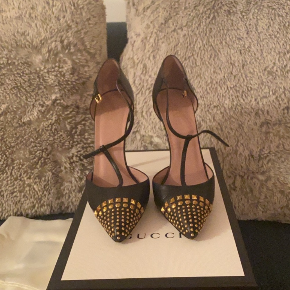 Gucci Studded T-Strap Cap-Toe Heels